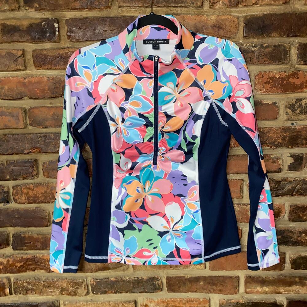 Boston Proper Floral Stretch Half Zip Long Sleeve Sports Shirt Women's Size XS